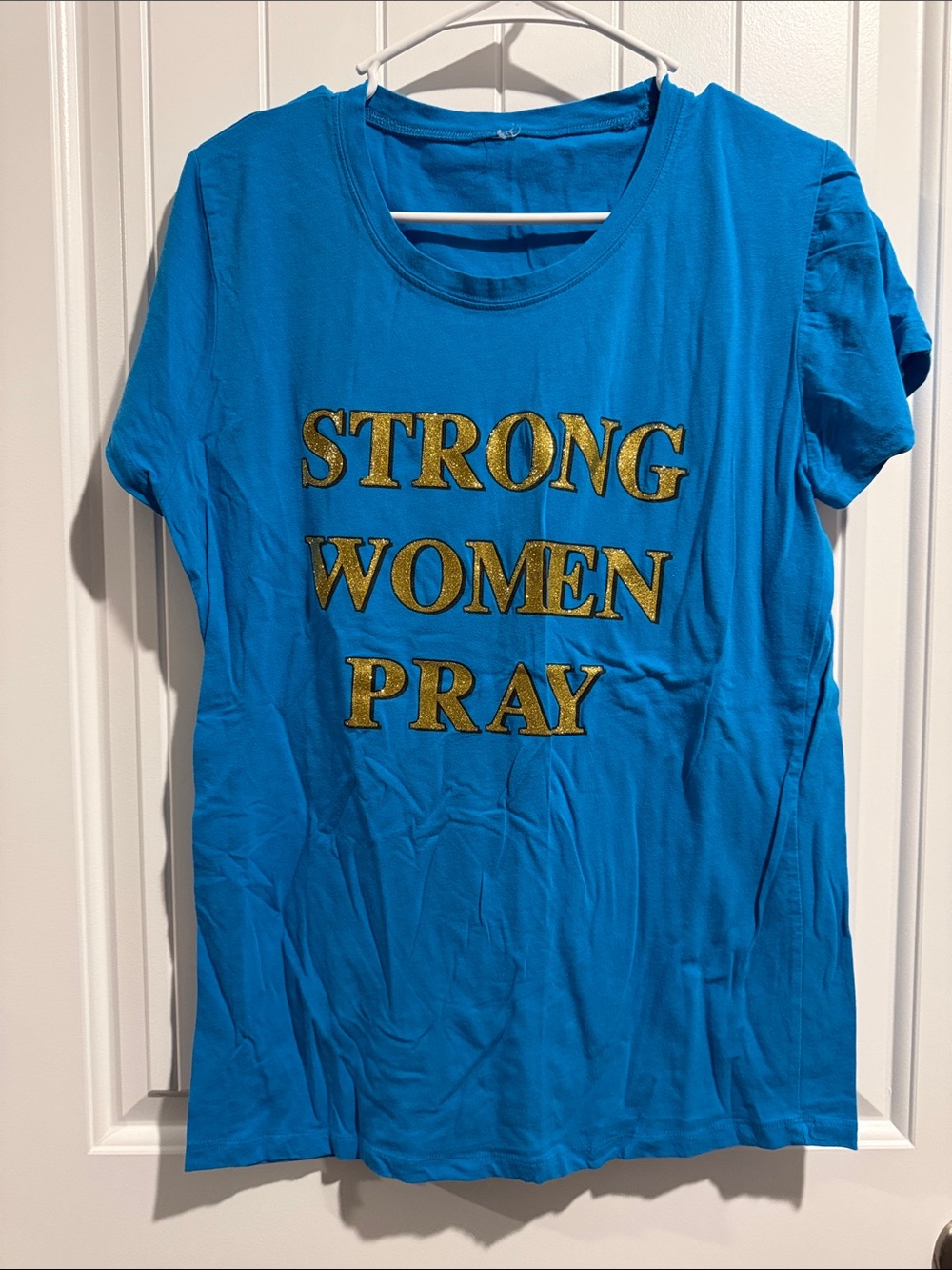Strong Women Pray Graphic Tee - Blue with Gold Lettering